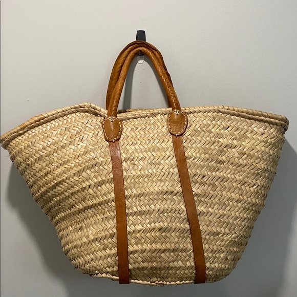 Moroccan Straw Tote Bag Woven Market Leather Handles Tan Summer Beach Large - Picture 7 of 13
